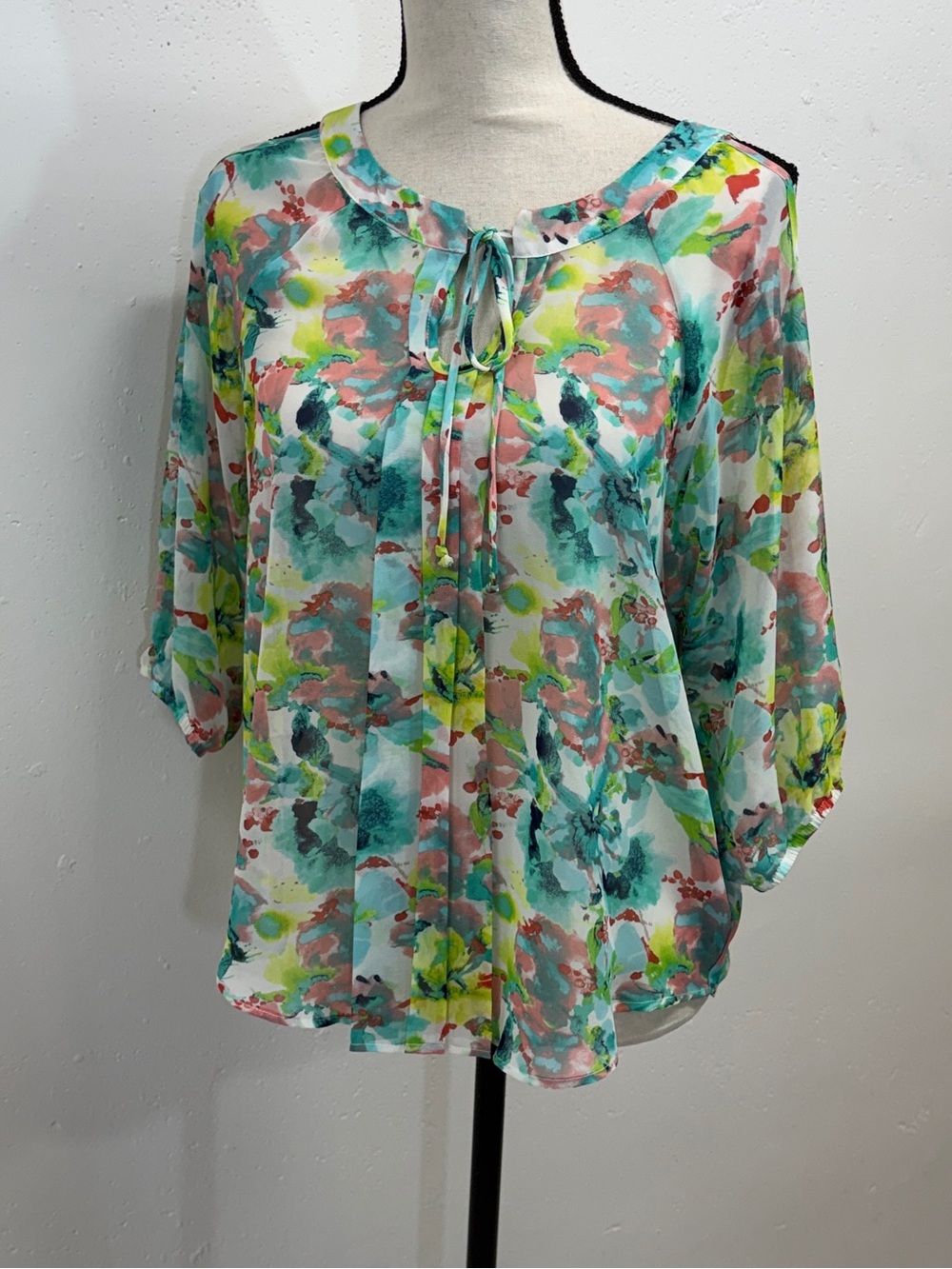 Women’s Floral Watercolor Tie-Neck Blouse - Multicolor